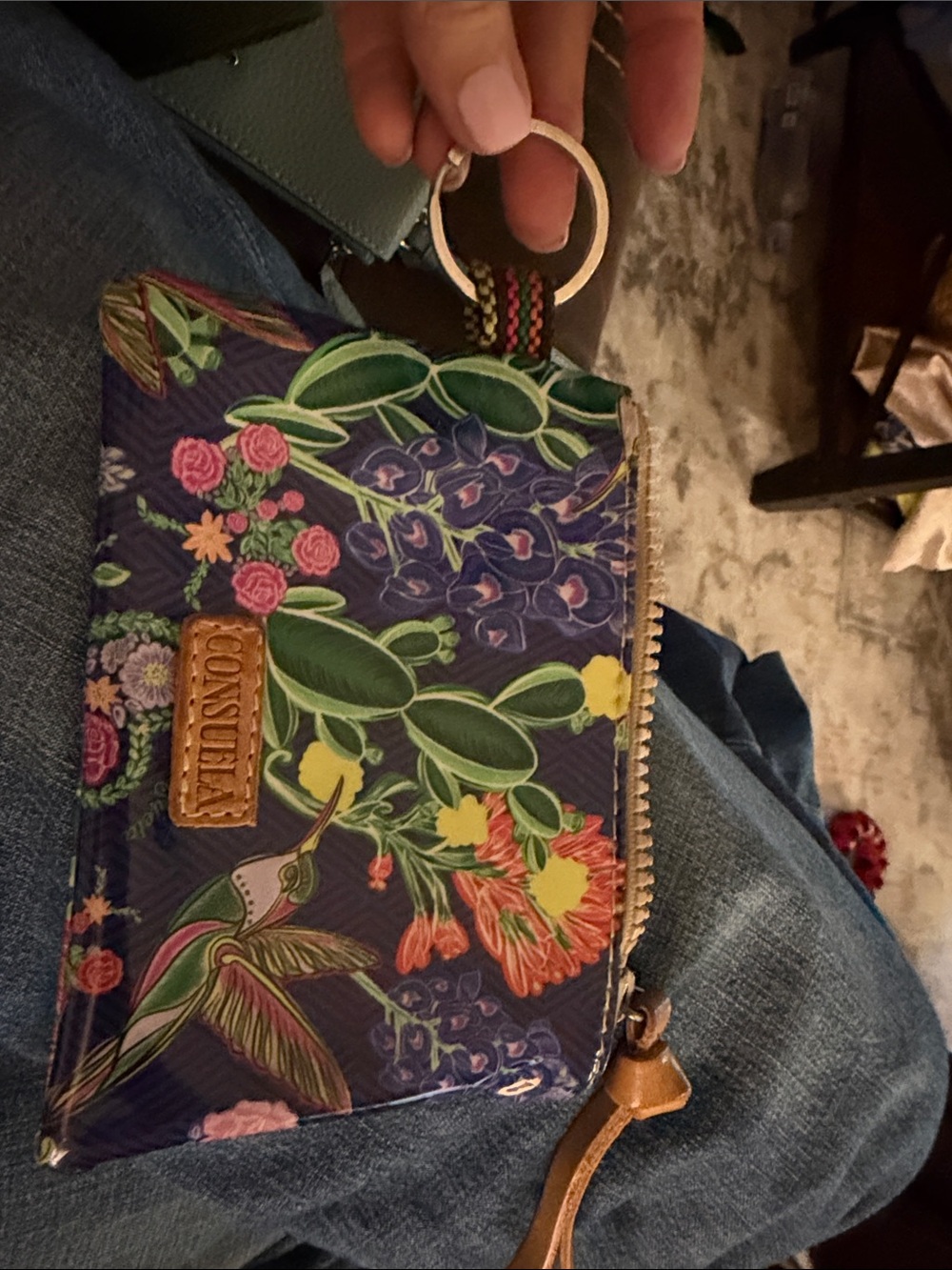 Consuela Navy Floral Hummingbird Zip Wristlet